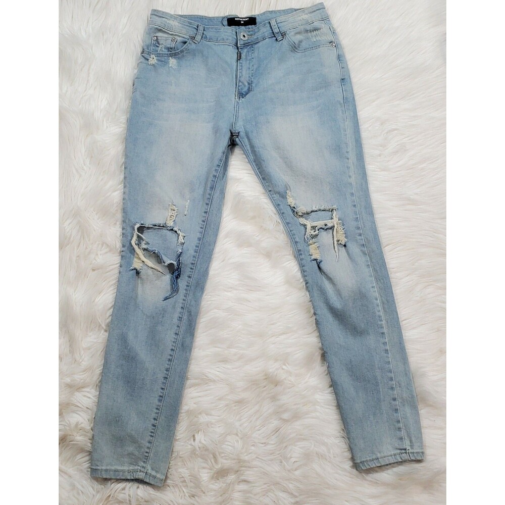 Represent Mens Destroyed Skinny Jeans Light Blue Slim Fit Ripped Denim SZ 34x28